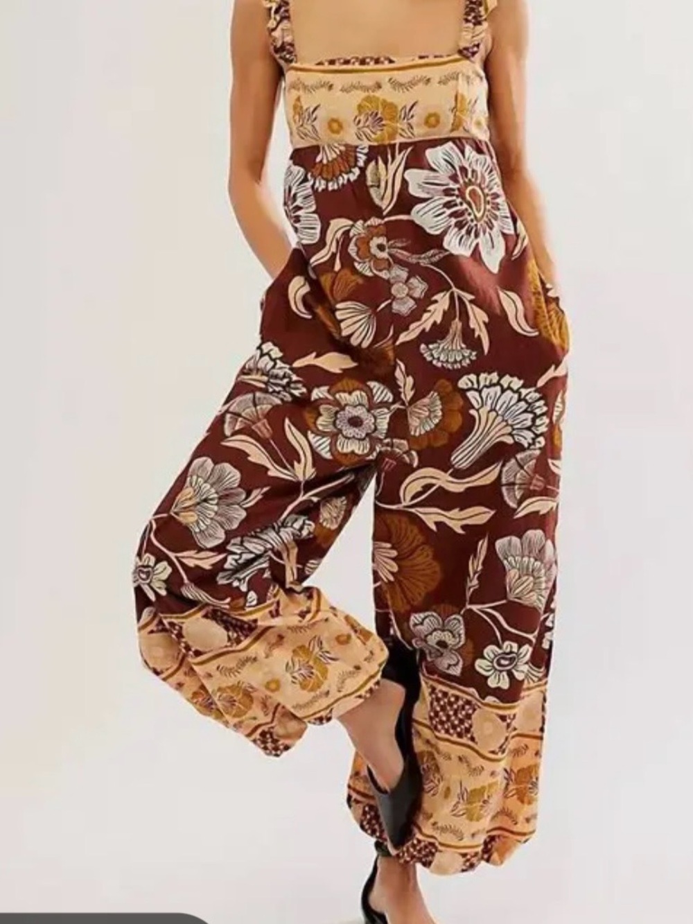 Free People Brown & Cream Floral Wide-Leg Ballon Pant Jumpsuit